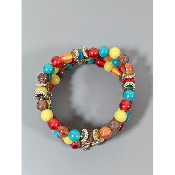 Boho Tribal Red Green Bead Three Row Stretch Bracelet 7" - Picture 3 of 8